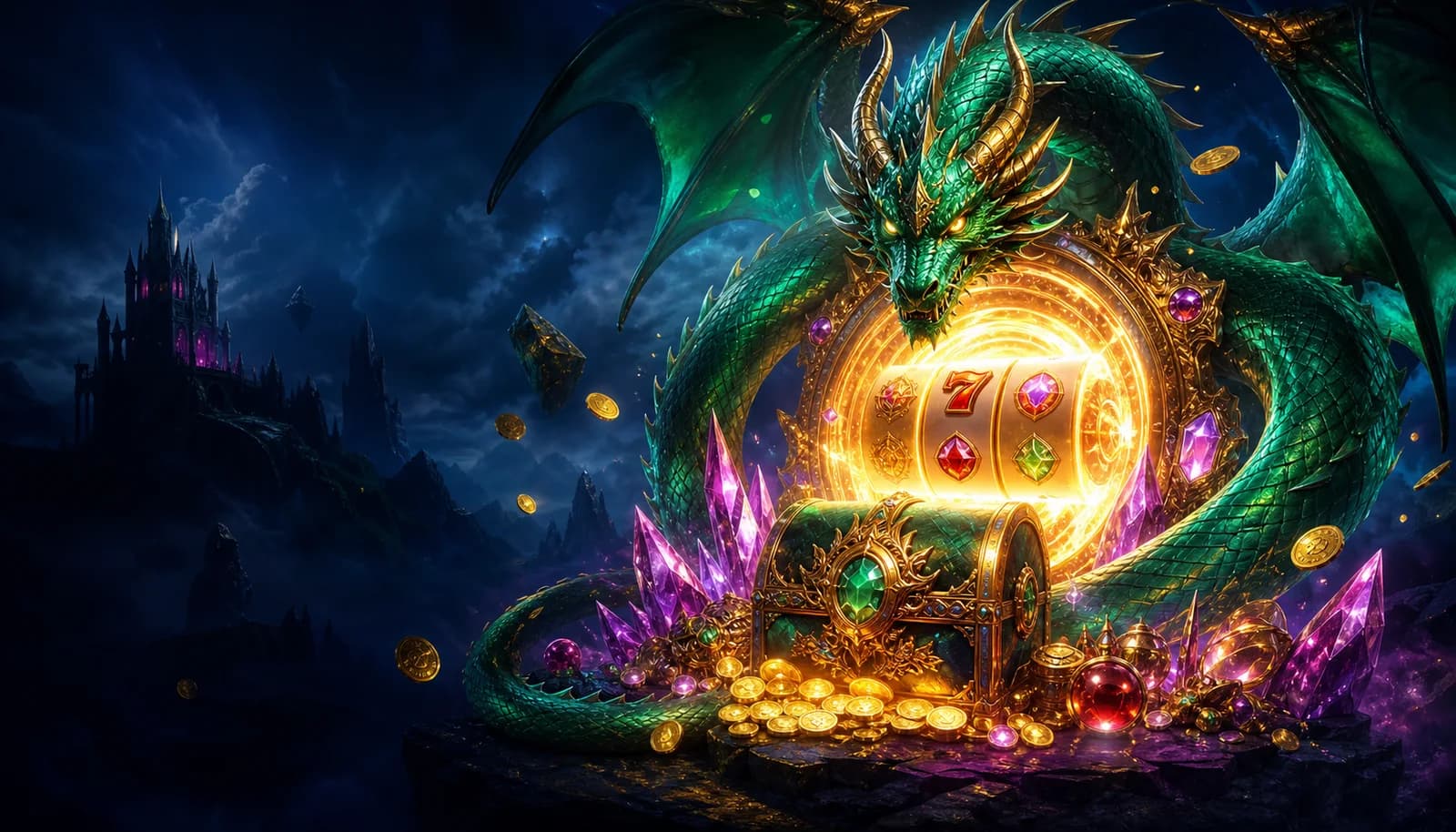 Fantasy casino game with an emerald dragon, golden slot portal, treasure, and magical crystals